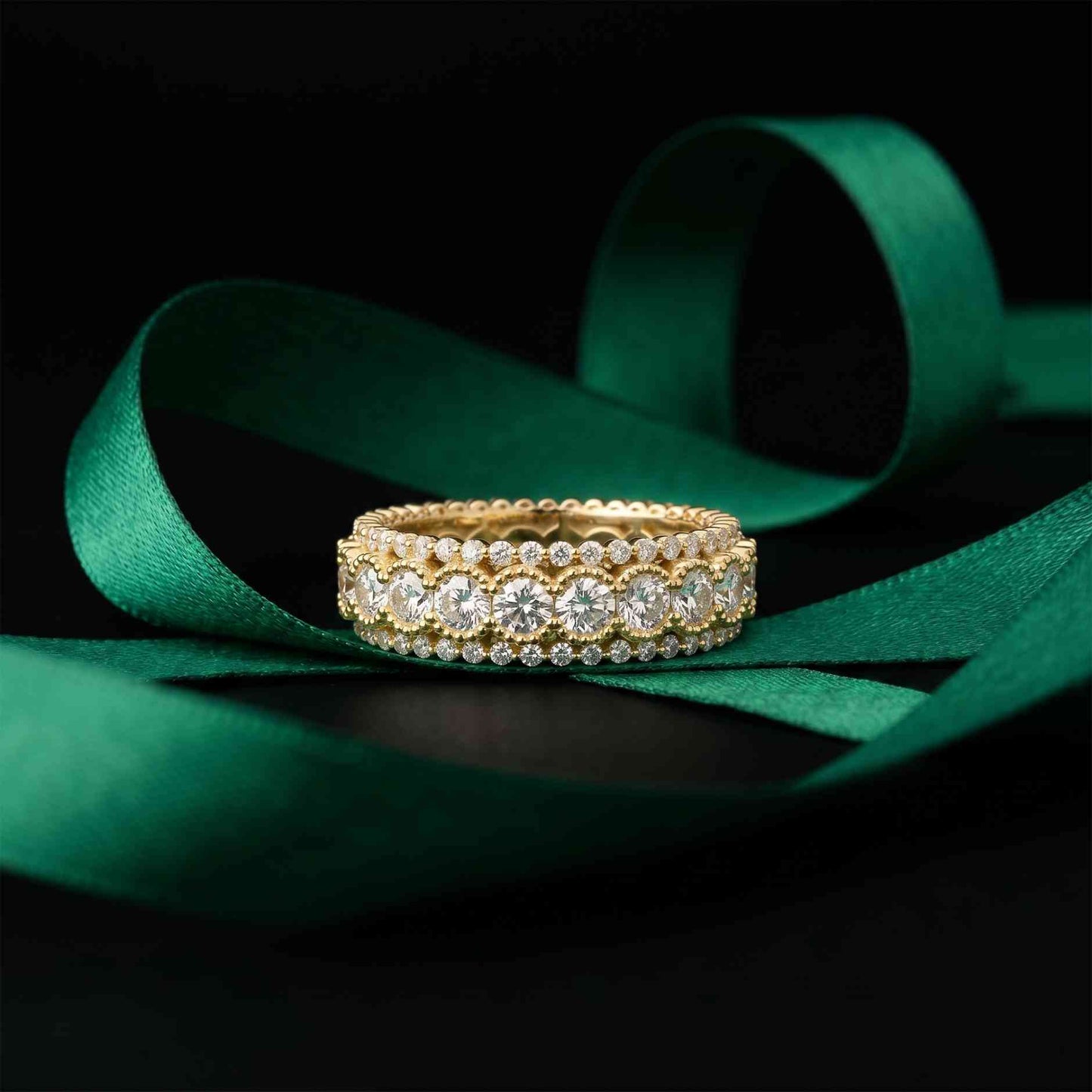 3.20 Ct Round Cut Moissanite Three-Row Band Ring Gold
