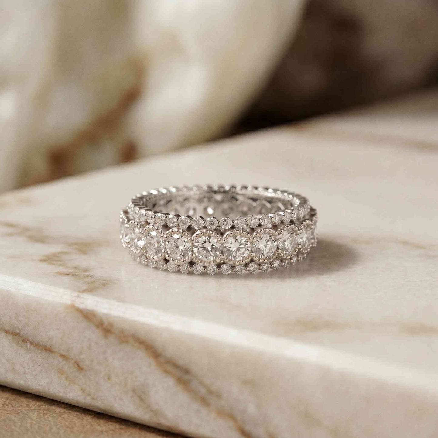 3.20 Ct Round Cut Moissanite Three-Row Band Ring White