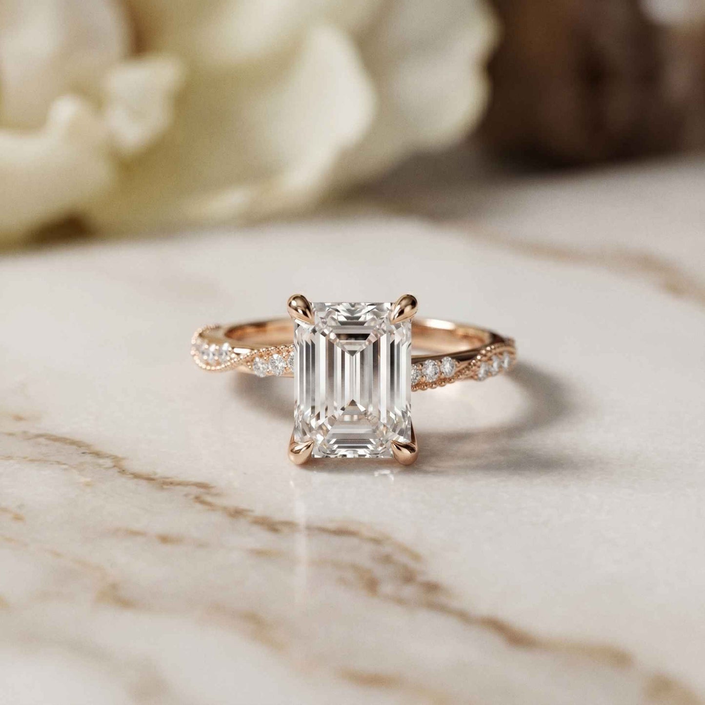 2.95 Ct Emerald Cut Moissanite Art Deco Inspired Ring Rose Gold