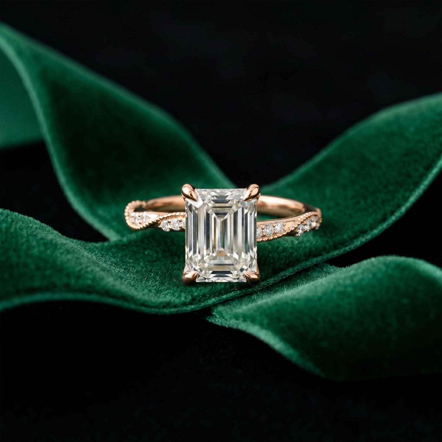2.95 Ct Emerald Cut Moissanite Art Deco Inspired Ring Rose Gold