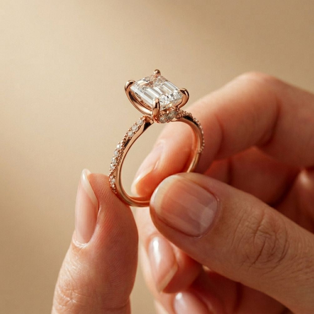 2.95 Ct Emerald Cut Moissanite Art Deco Inspired Ring Rose Gold