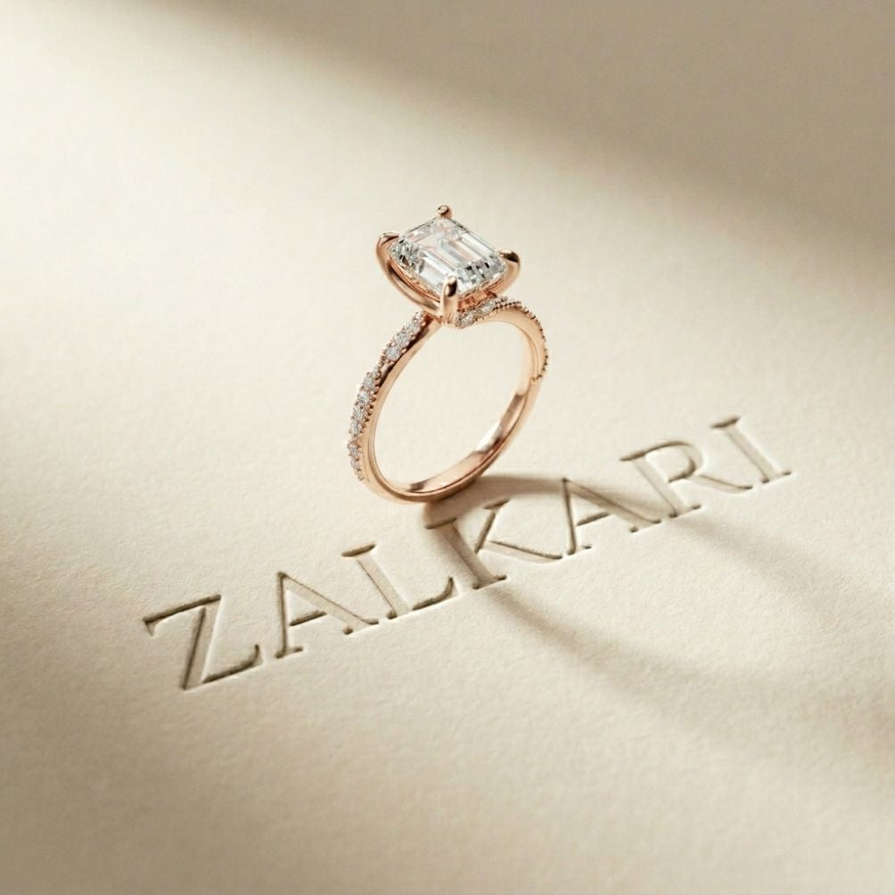 2.95 Ct Emerald Cut Moissanite Art Deco Inspired Ring Rose Gold