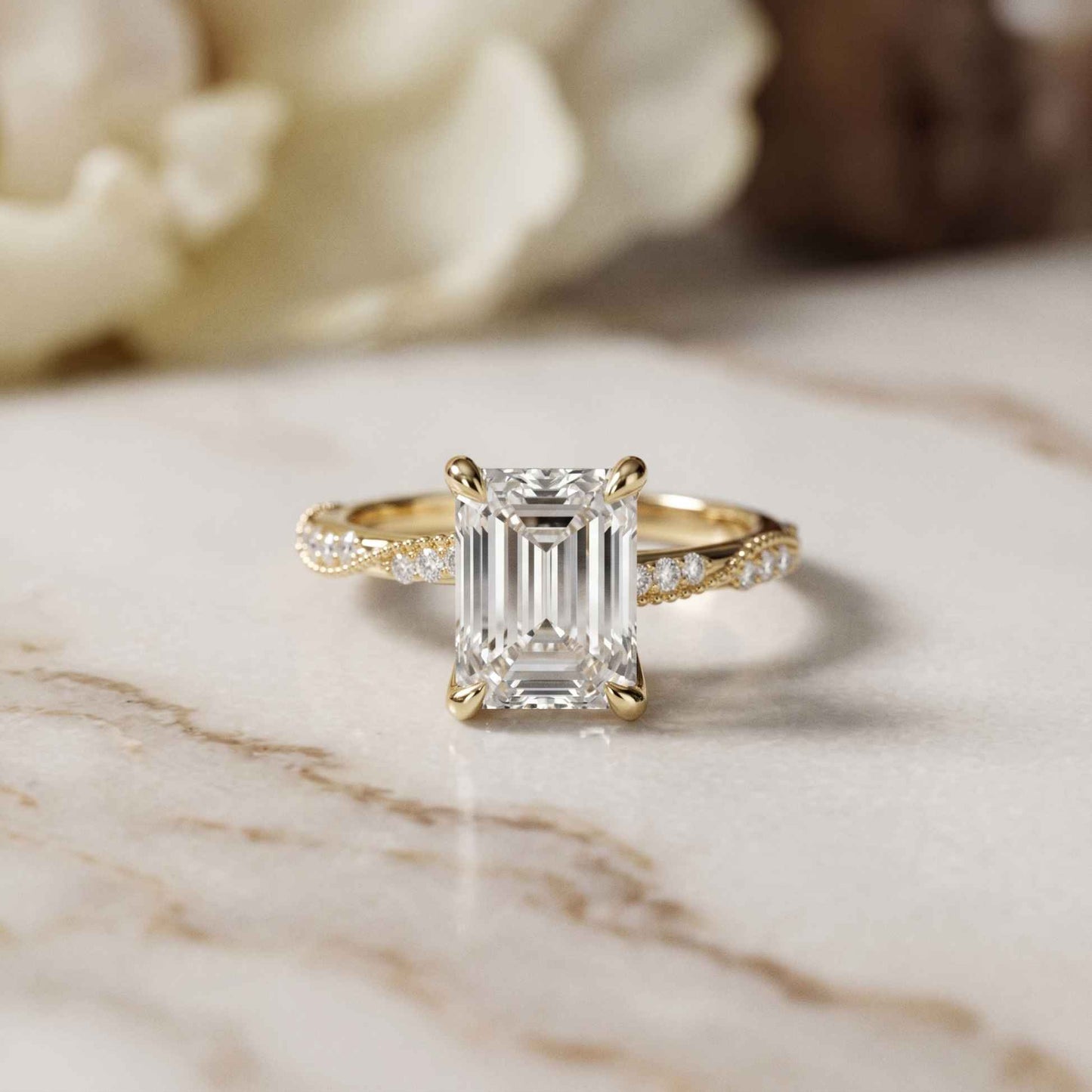 2.95 Ct Emerald Cut Moissanite Art Deco Inspired Ring Gold