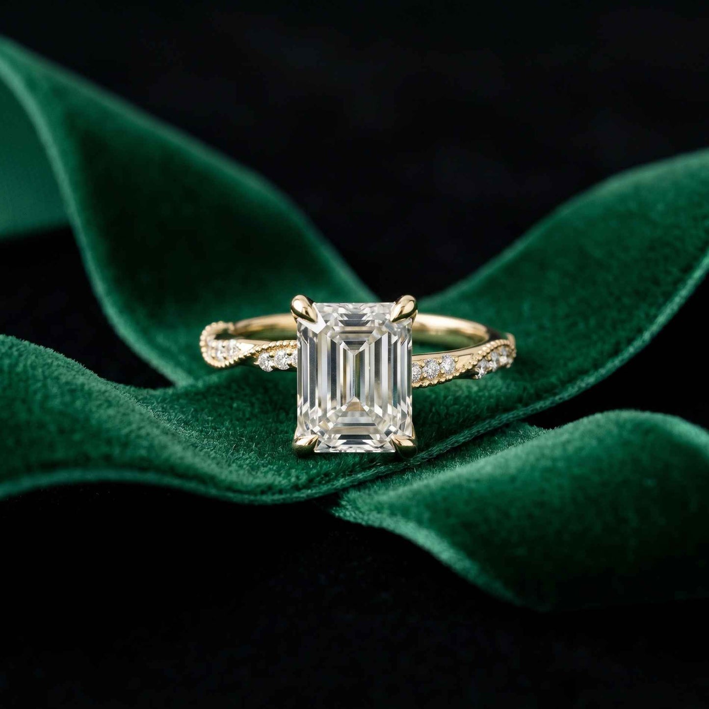 2.95 Ct Emerald Cut Moissanite Art Deco Inspired Ring Gold
