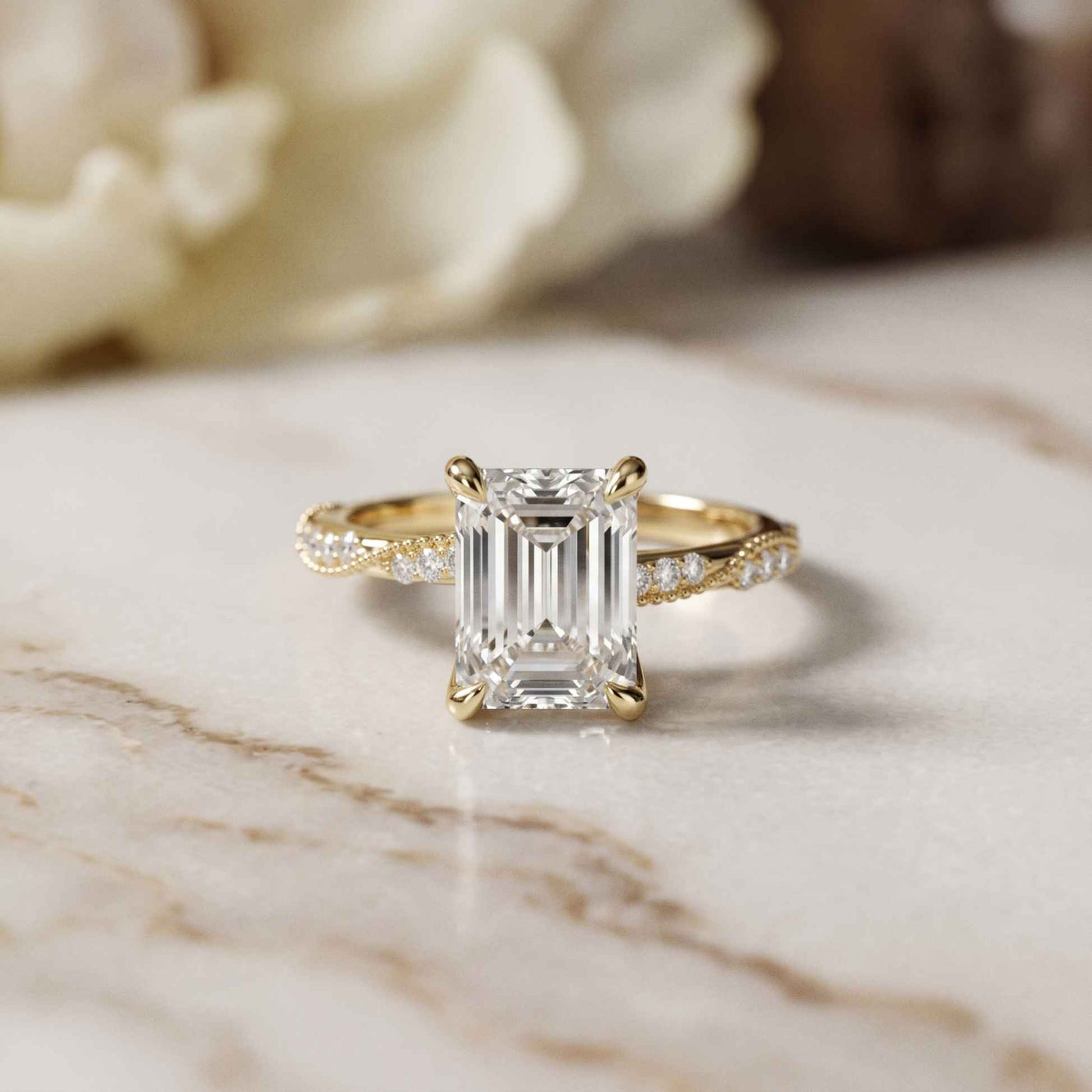 2.95 Ct Emerald Cut Moissanite Art Deco Inspired Ring Gold
