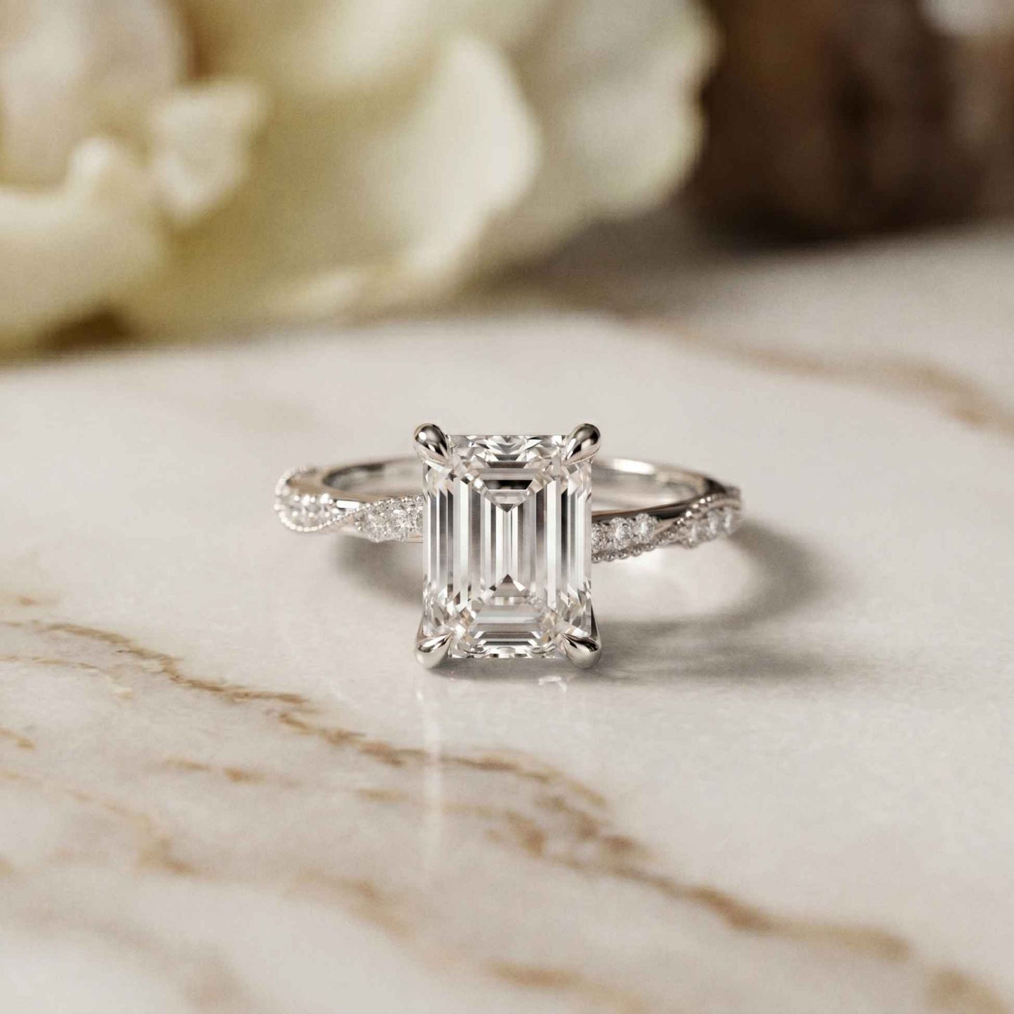 2.95 Ct Emerald Cut Moissanite Art Deco Inspired Ring White