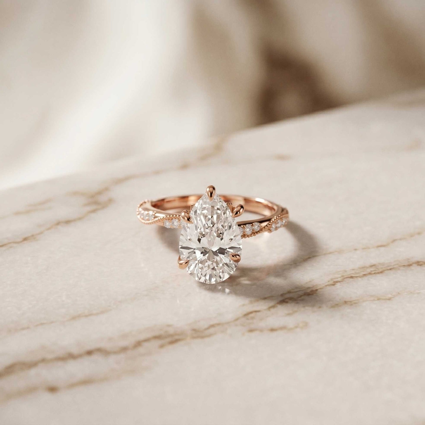 2.70 Ct Pear Cut Moissanite Luxe Pavé Ring Rose Gold