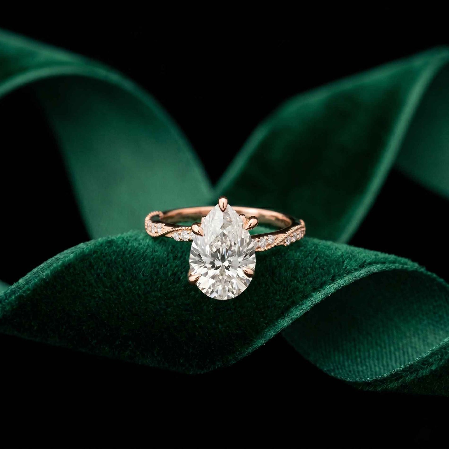 2.70 Ct Pear Cut Moissanite Luxe Pavé Ring Rose Gold