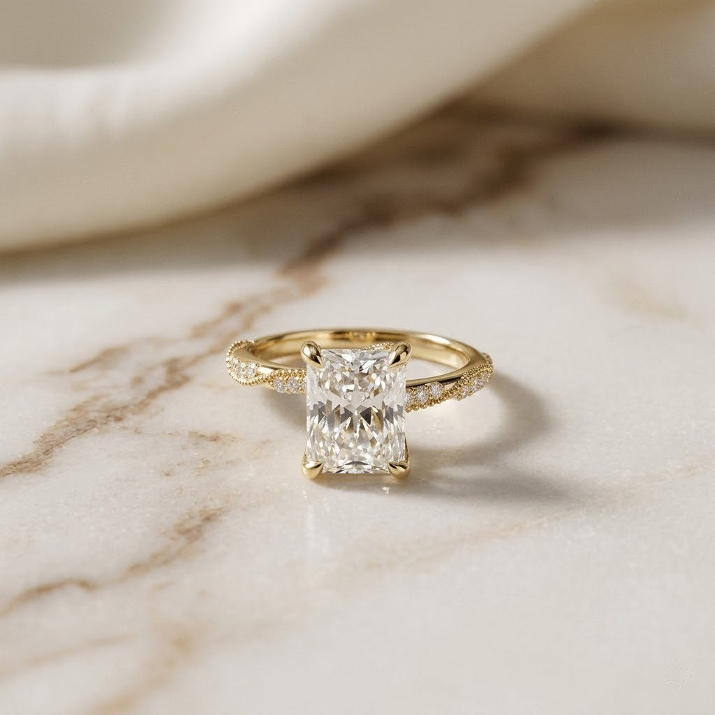 3.35 Ct Radiant Cut Moissanite Vintage Inspired Engagement Ring Gold