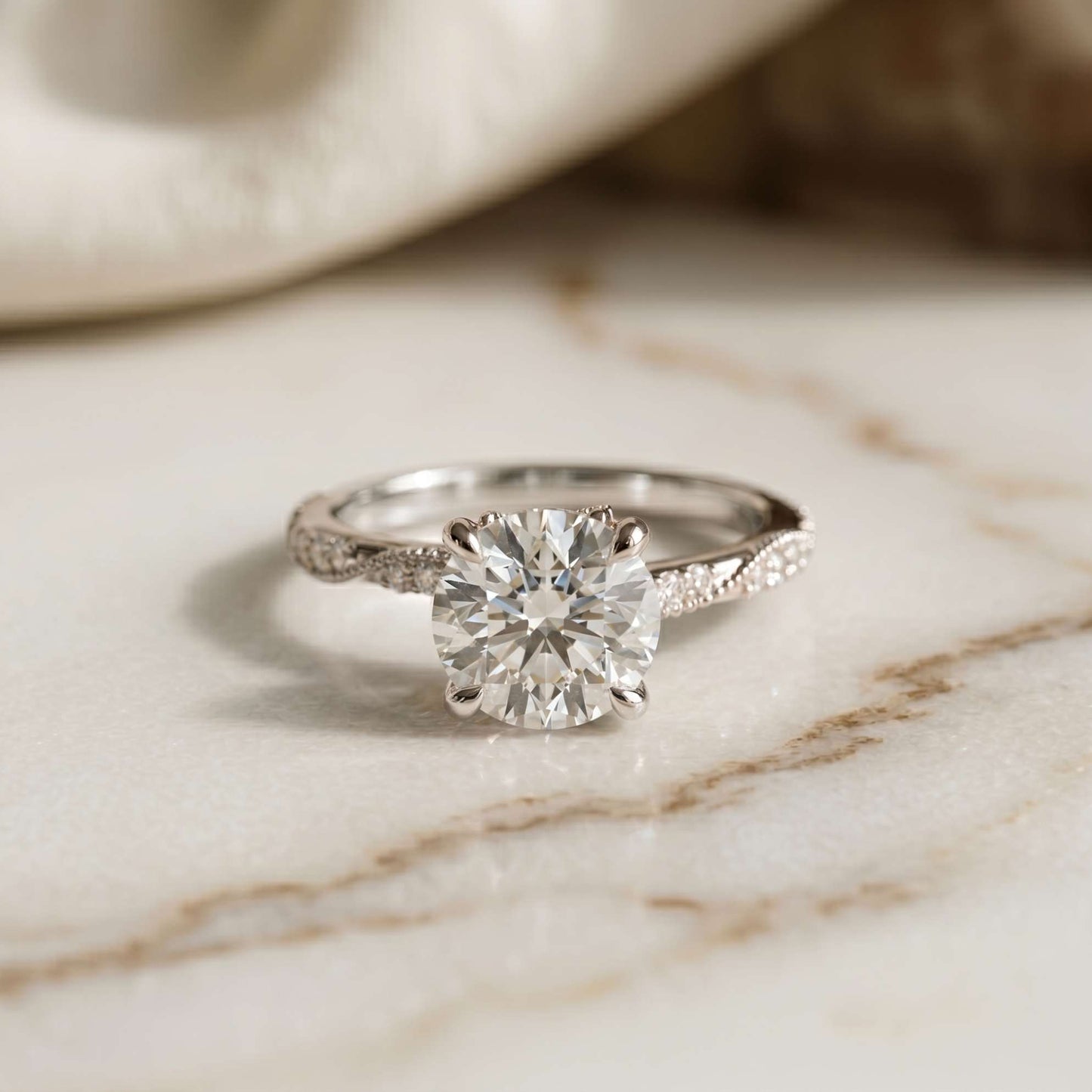 2.85 Ct Round Cut Moissanite Elegant Pavé Ring White