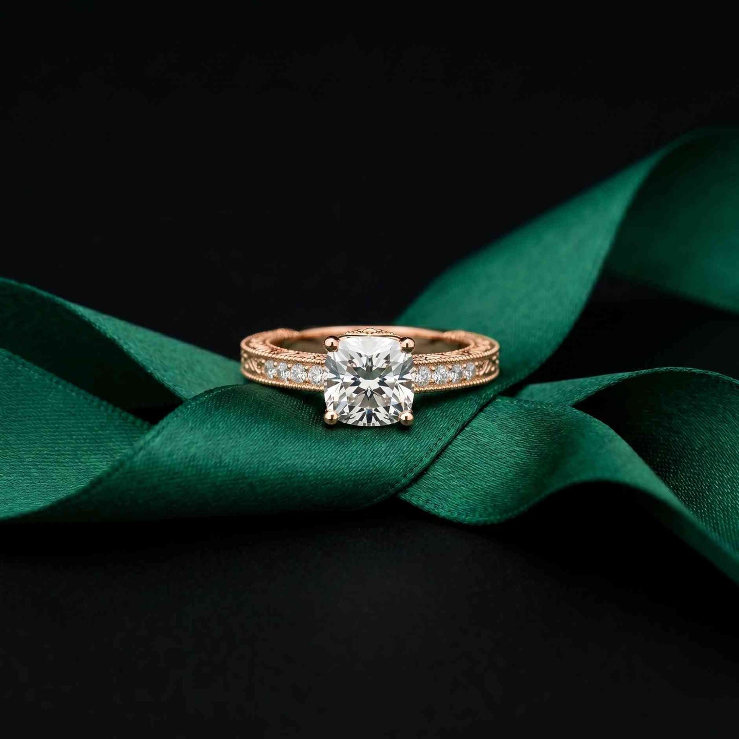 2.00 Ct Cushion Cut Moissanite Vintage Filigree Accent Ring Rose Gold
