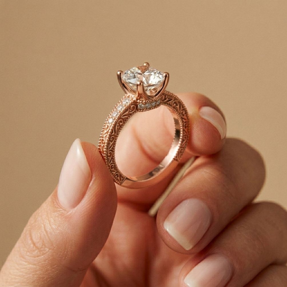 2.00 Ct Cushion Cut Moissanite Vintage Filigree Accent Ring Rose Gold