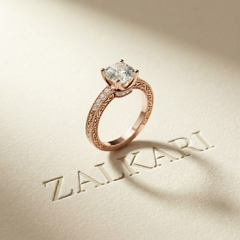 2.00 Ct Cushion Cut Moissanite Vintage Filigree Accent Ring Rose Gold