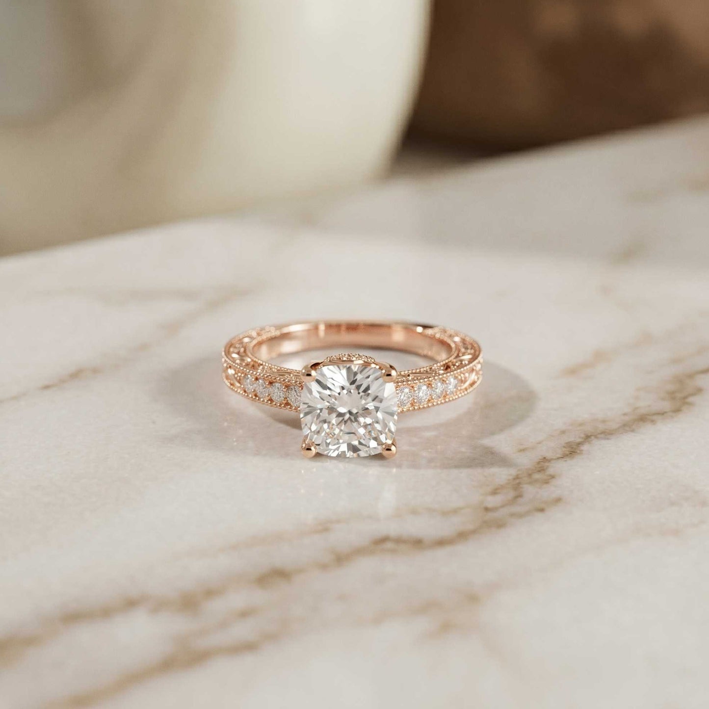 2.00 Ct Cushion Cut Moissanite Vintage Filigree Accent Ring Rose Gold