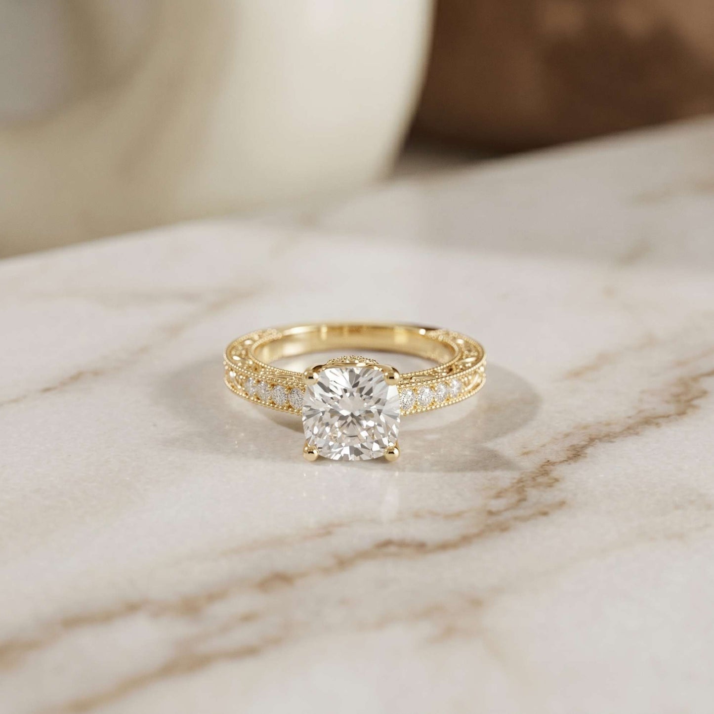 2.00 Ct Cushion Cut Moissanite Vintage Filigree Accent Ring Gold