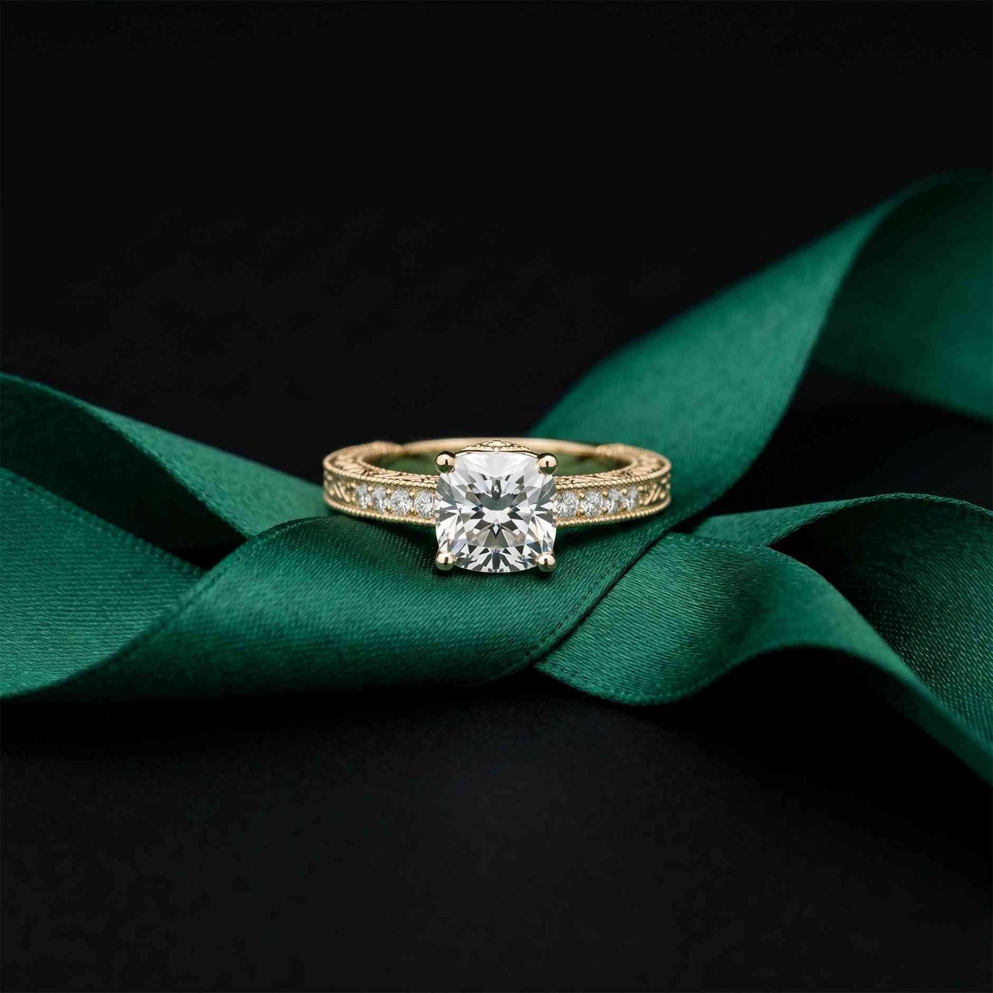 2.00 Ct Cushion Cut Moissanite Vintage Filigree Accent Ring Gold