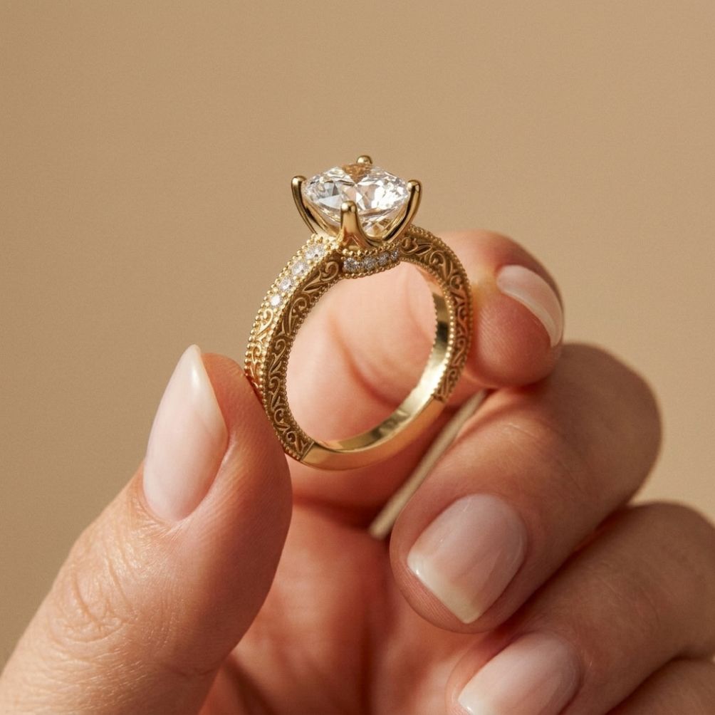 2.00 Ct Cushion Cut Moissanite Vintage Filigree Accent Ring Gold