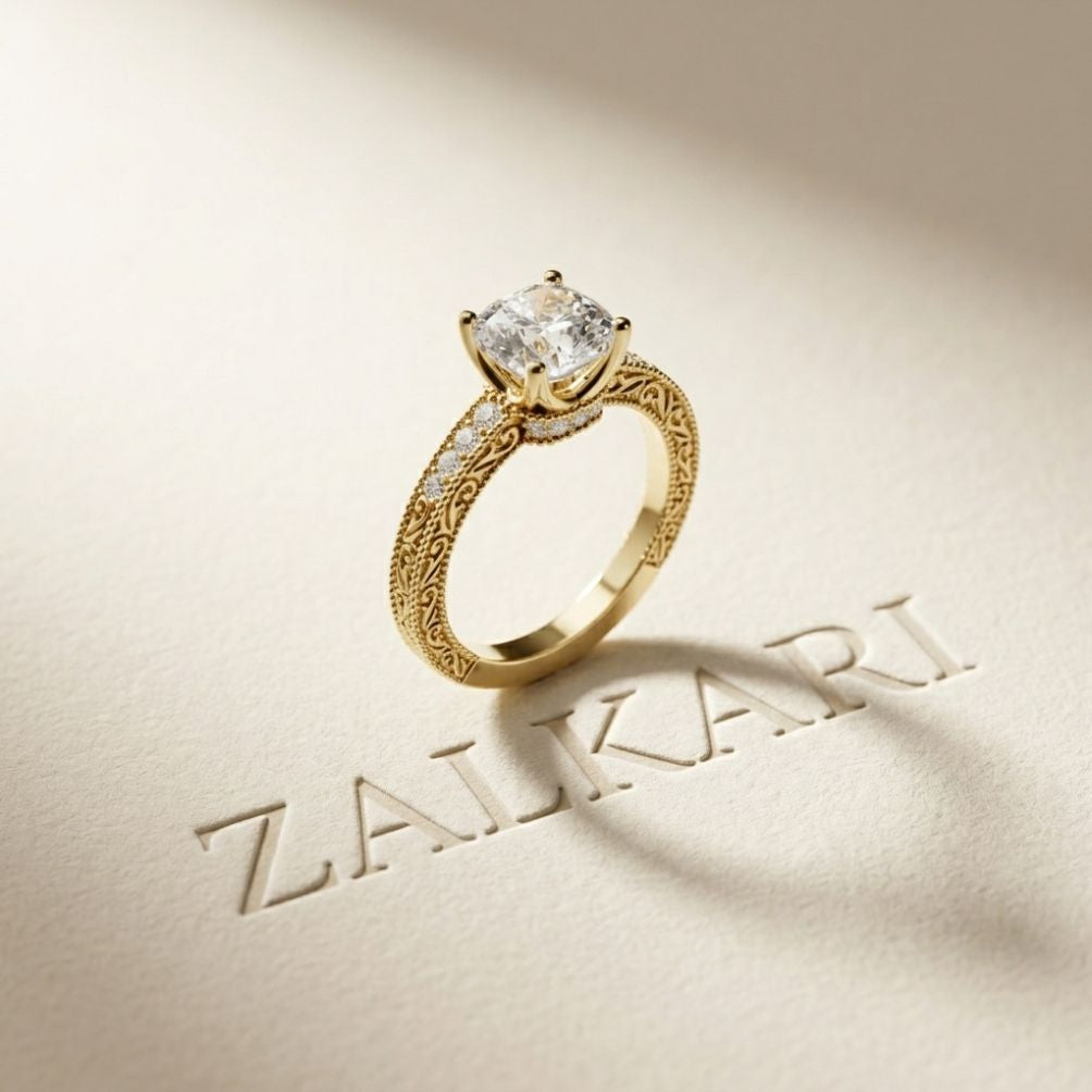 2.00 Ct Cushion Cut Moissanite Vintage Filigree Accent Ring Gold