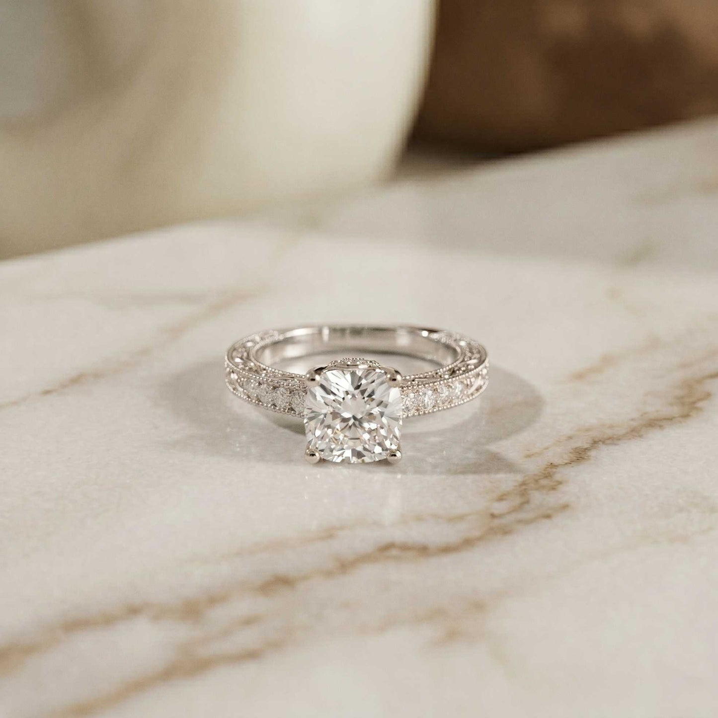2.00 Ct Cushion Cut Moissanite Vintage Filigree Accent Ring White