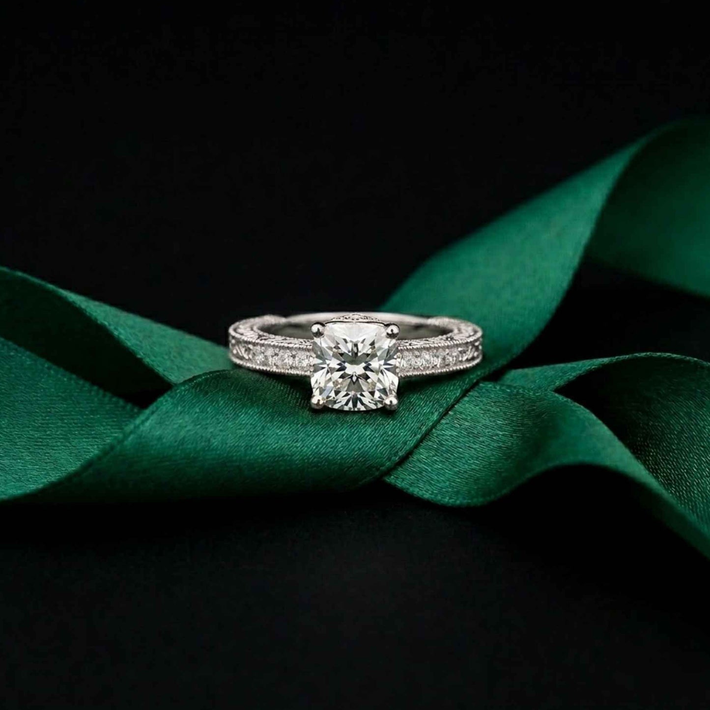 2.00 Ct Cushion Cut Moissanite Vintage Filigree Accent Ring White