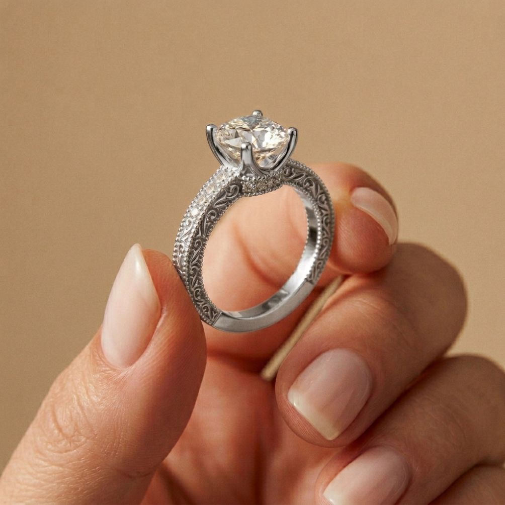 2.00 Ct Cushion Cut Moissanite Vintage Filigree Accent Ring White