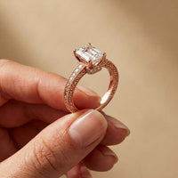 2.30 Ct Emerald Cut Moissanite Ornate Gallery Ring Rose Gold