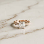 2.30 Ct Emerald Cut Moissanite Ornate Gallery Ring Rose Gold