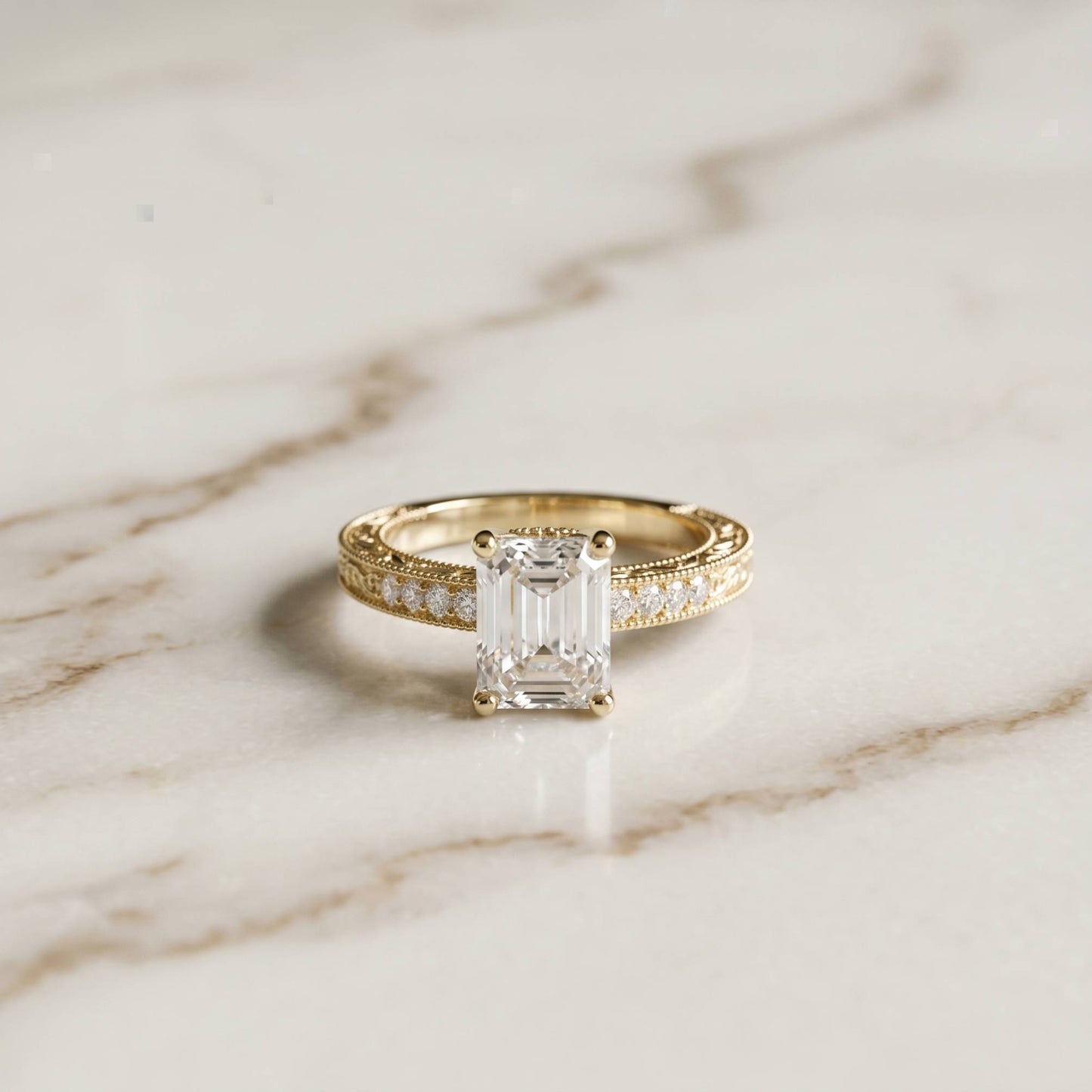 2.30 Ct Emerald Cut Moissanite Ornate Gallery Ring Gold