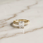 2.30 Ct Emerald Cut Moissanite Ornate Gallery Ring Gold
