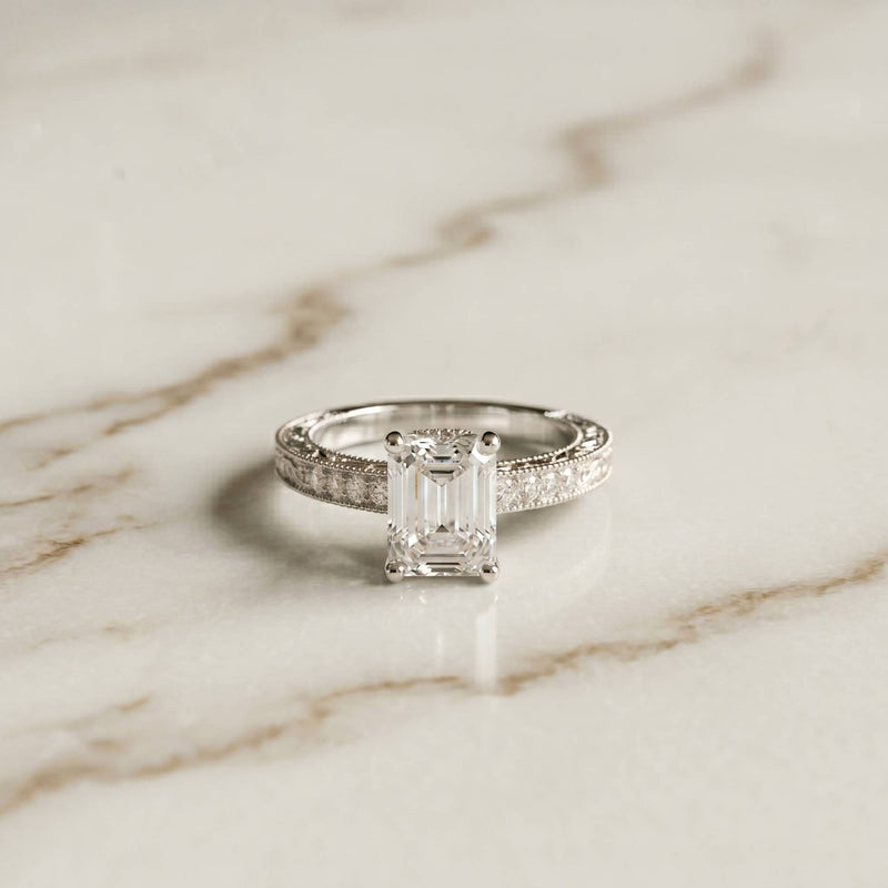 2.30 Ct Emerald Cut Moissanite Ornate Gallery Ring White