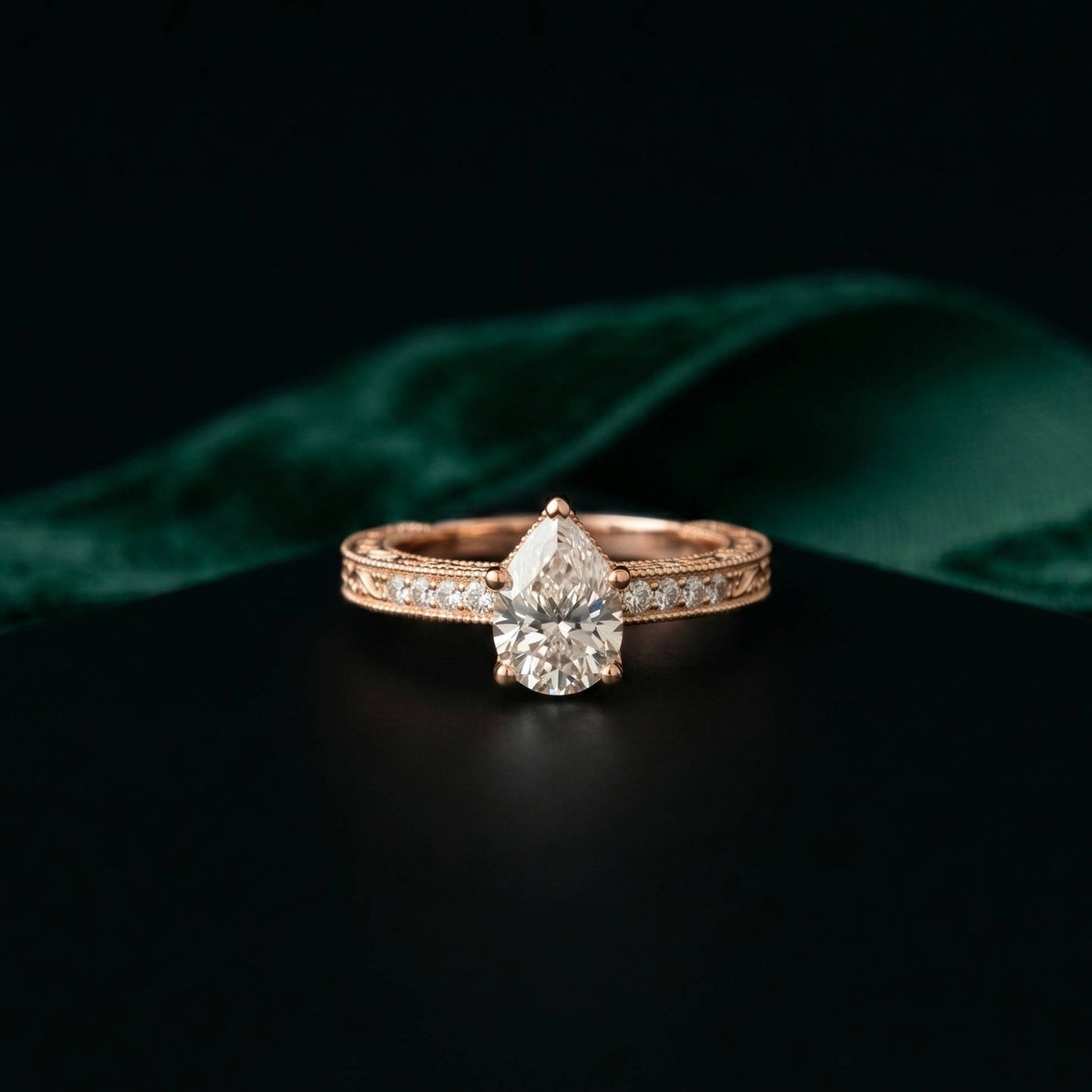 1.40 Ct Pear Cut Moissanite Engraved Vintage Ring Rose Gold