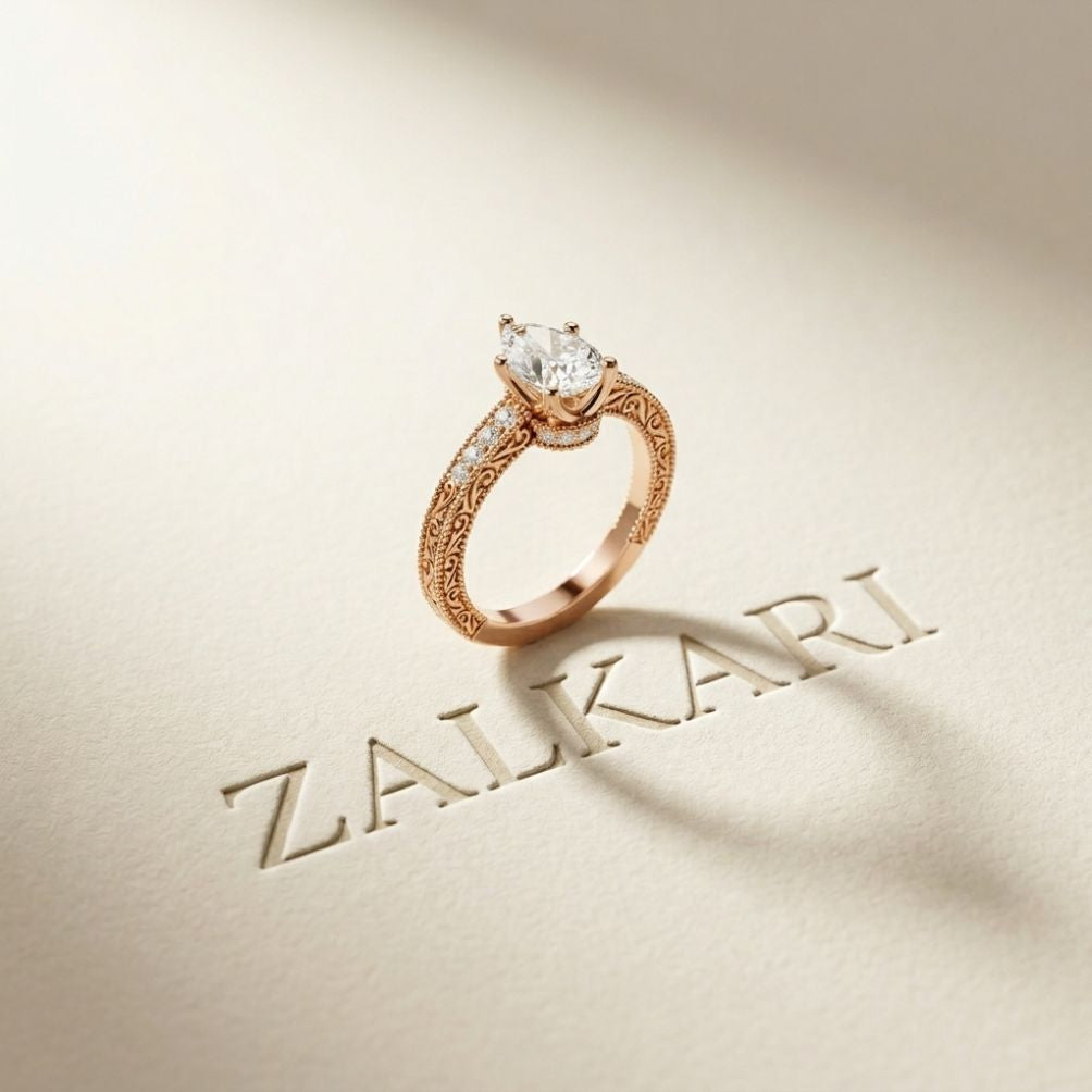 1.40 Ct Pear Cut Moissanite Engraved Vintage Ring Rose Gold
