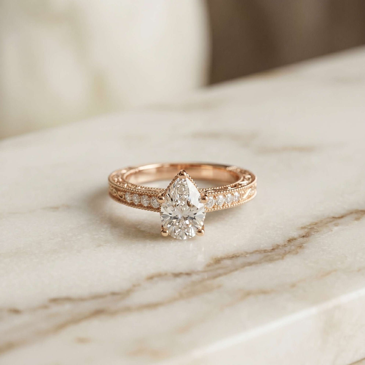 1.40 Ct Pear Cut Moissanite Engraved Vintage Ring Rose Gold