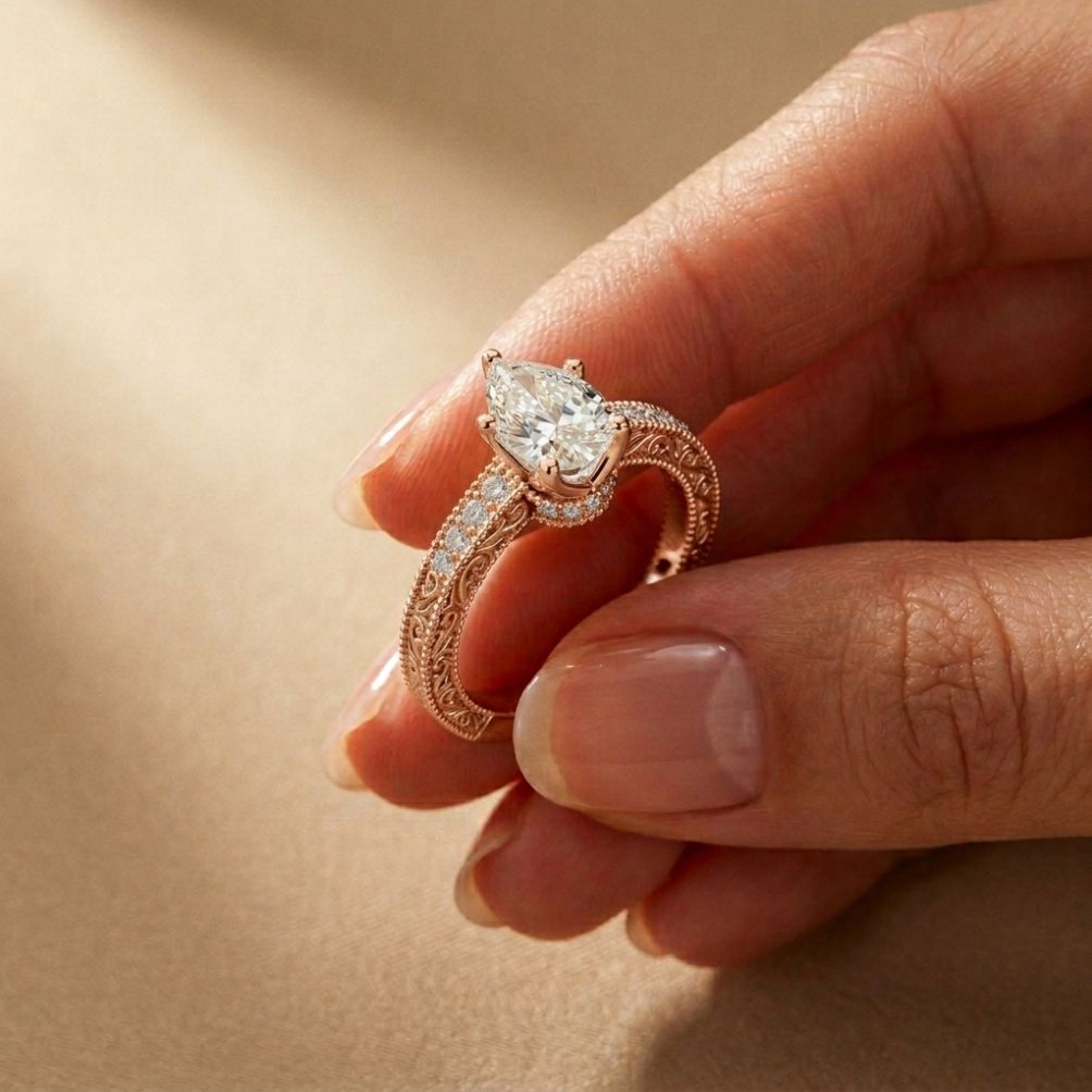 1.40 Ct Pear Cut Moissanite Engraved Vintage Ring Rose Gold