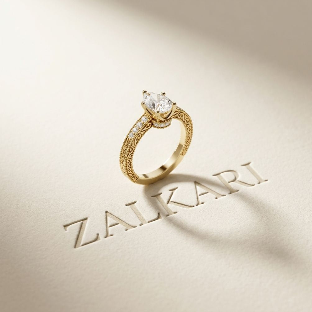 1.40 Ct Pear Cut Moissanite Engraved Vintage Ring Gold