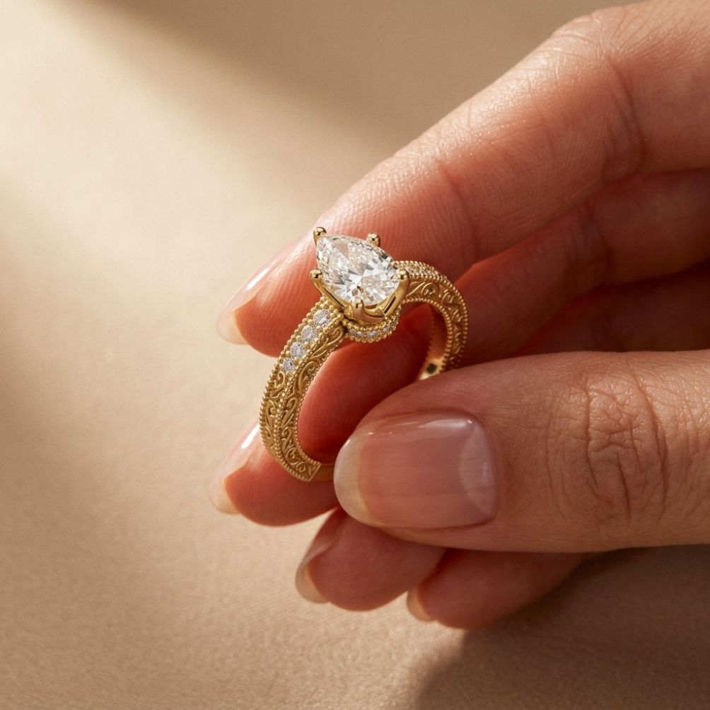 1.40 Ct Pear Cut Moissanite Engraved Vintage Ring Gold