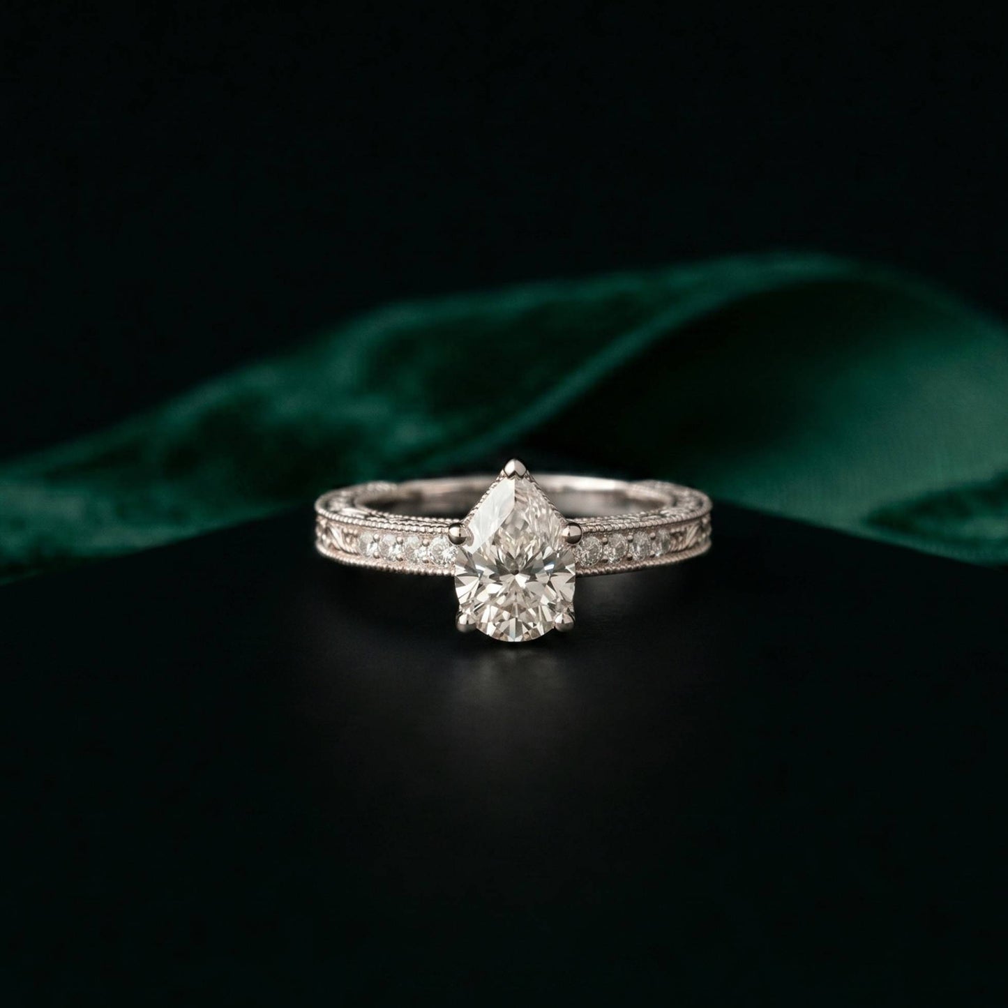 1.40 Ct Pear Cut Moissanite Engraved Vintage Ring White