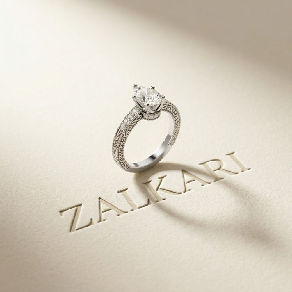 1.40 Ct Pear Cut Moissanite Engraved Vintage Ring White