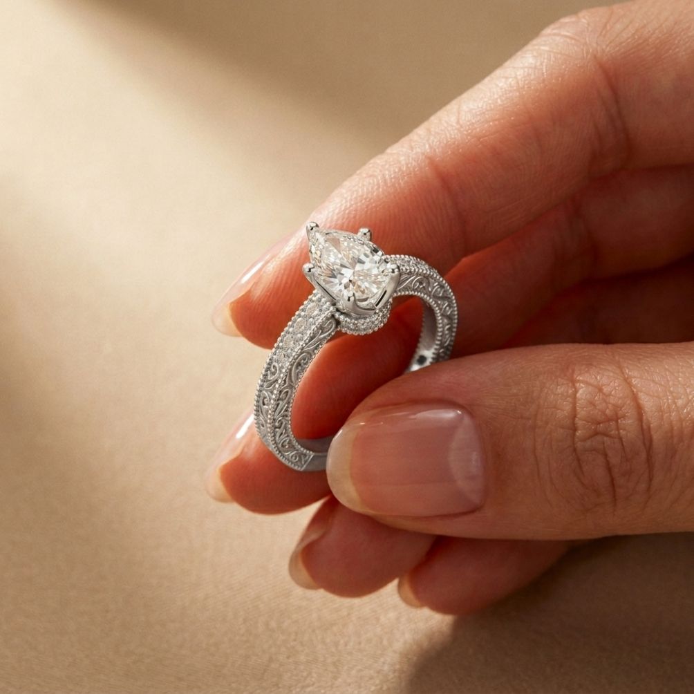 1.40 Ct Pear Cut Moissanite Engraved Vintage Ring White