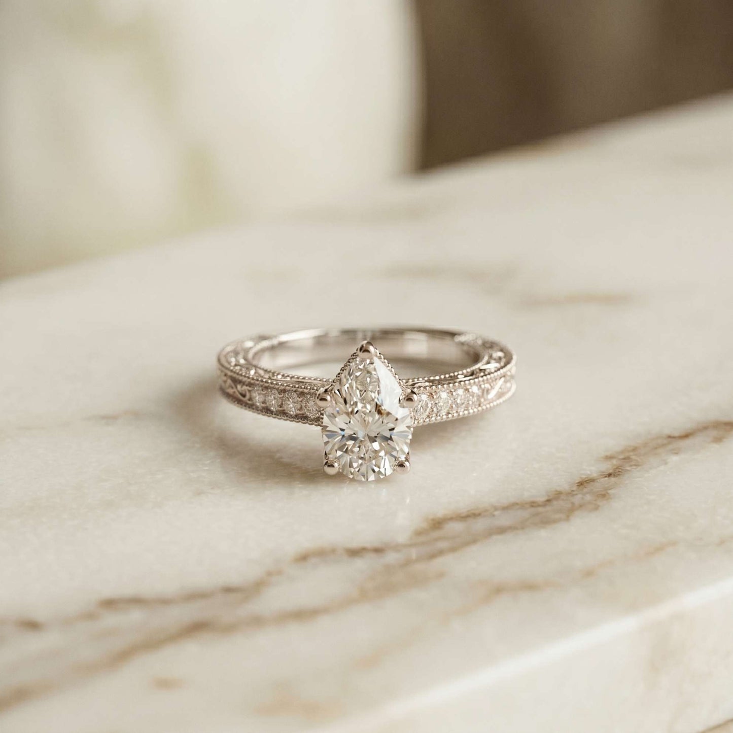 1.40 Ct Pear Cut Moissanite Engraved Vintage Ring White