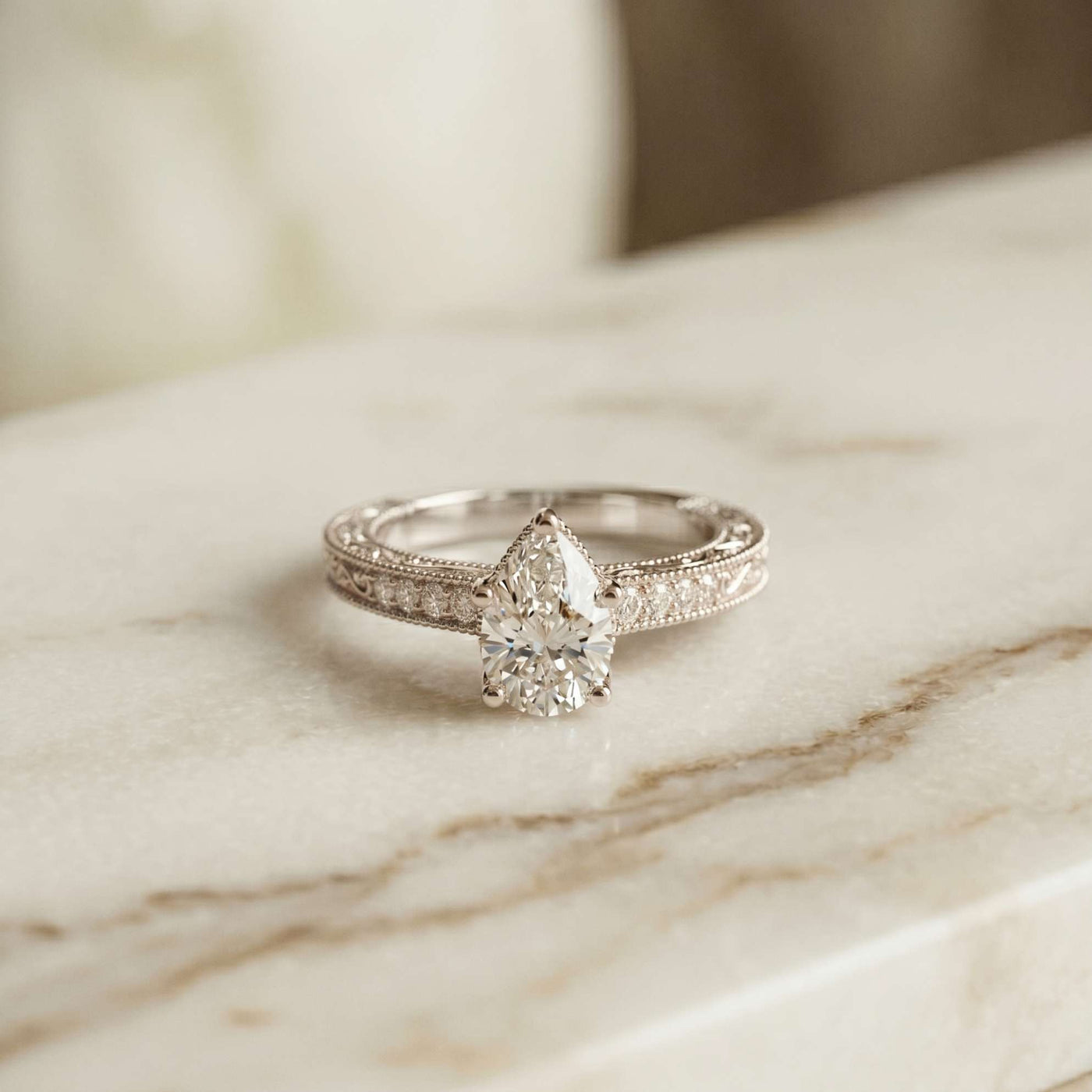 1.40 Ct Pear Cut Moissanite Engraved Vintage Ring White