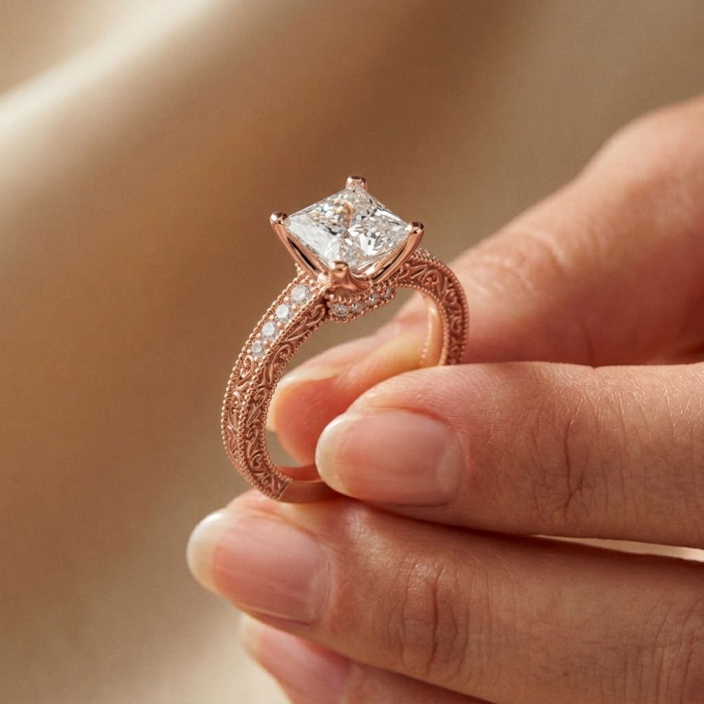 2.35 Ct Princess Cut Moissanite Antique Detail Ring Rose Gold