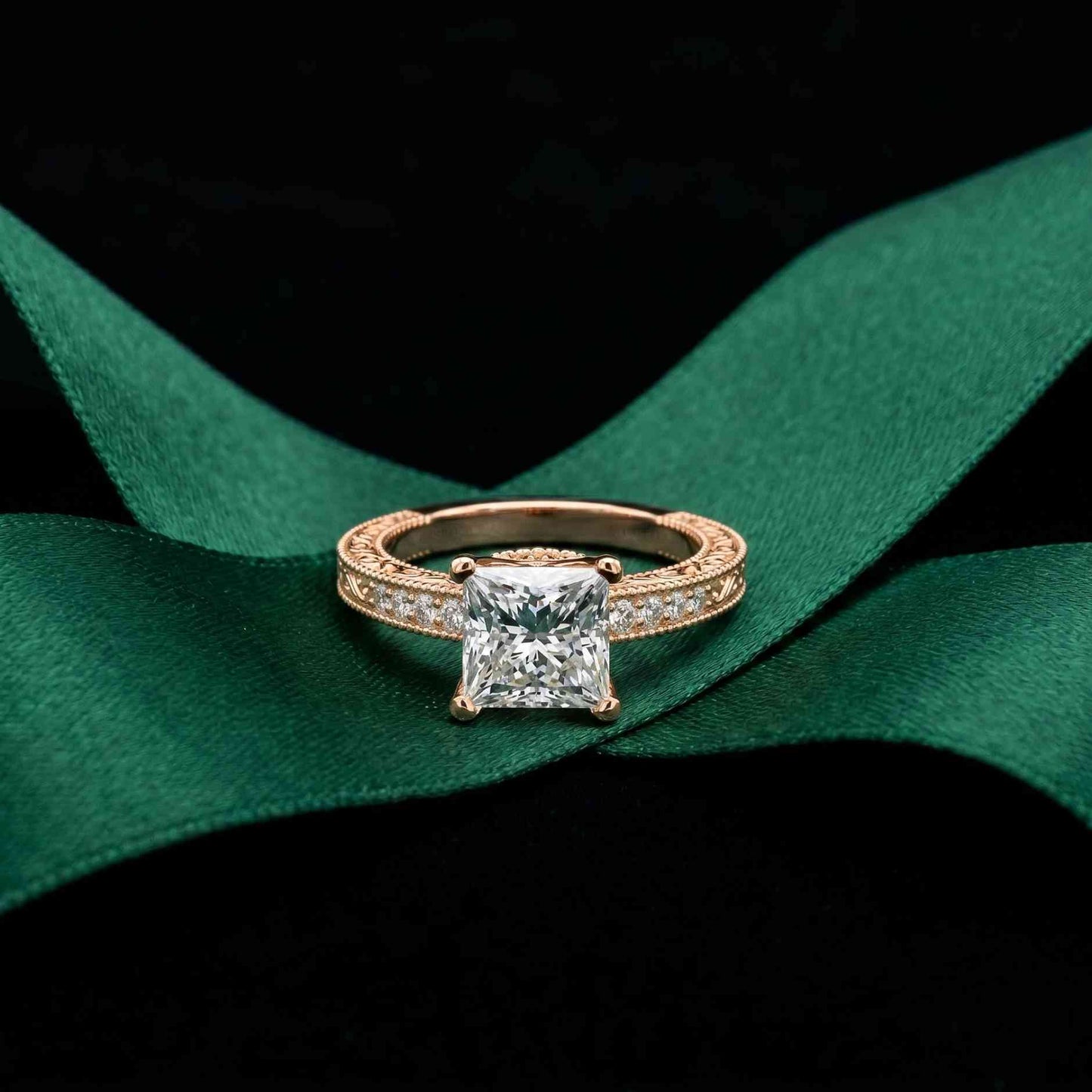 2.35 Ct Princess Cut Moissanite Antique Detail Ring Rose Gold