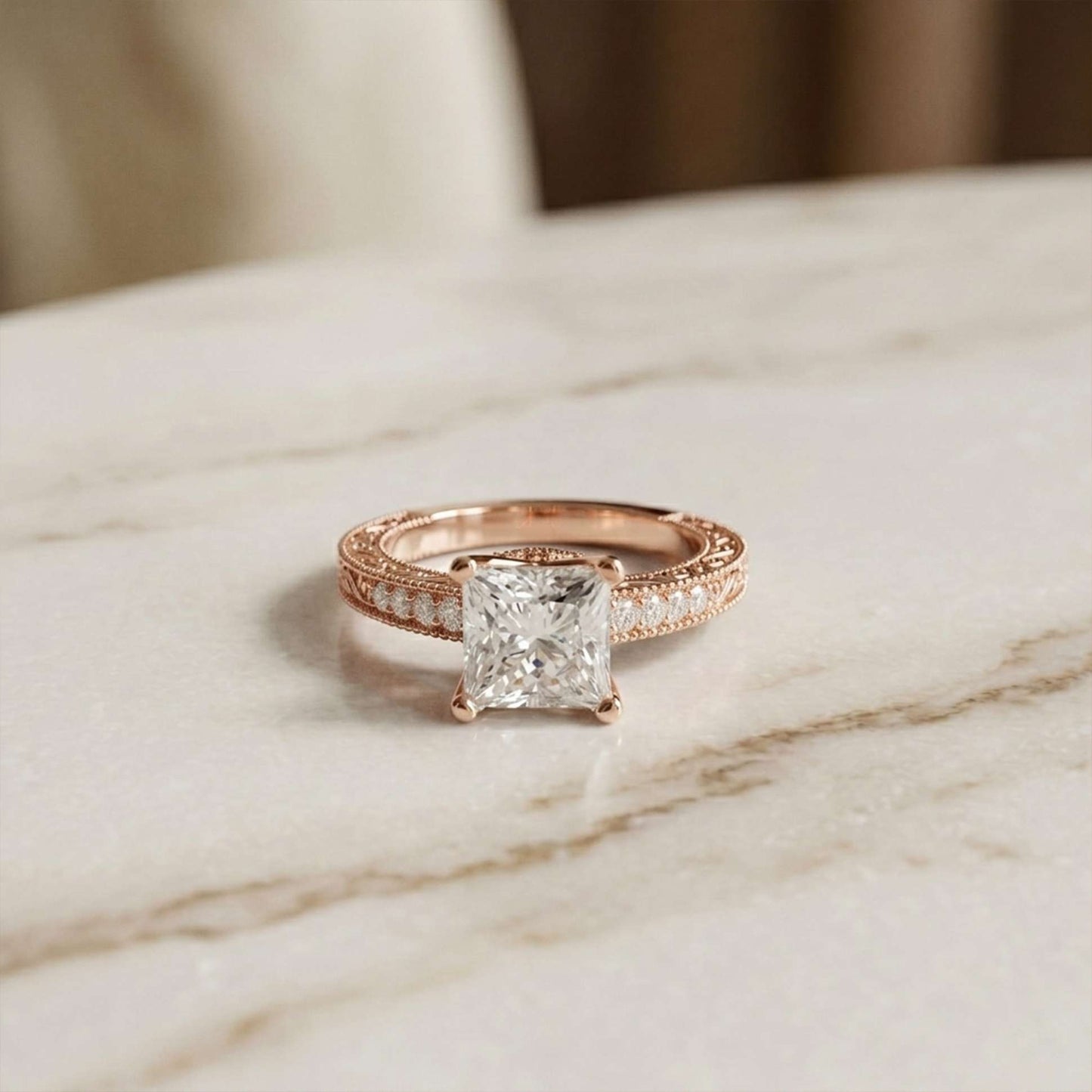 2.35 Ct Princess Cut Moissanite Antique Detail Ring Rose Gold