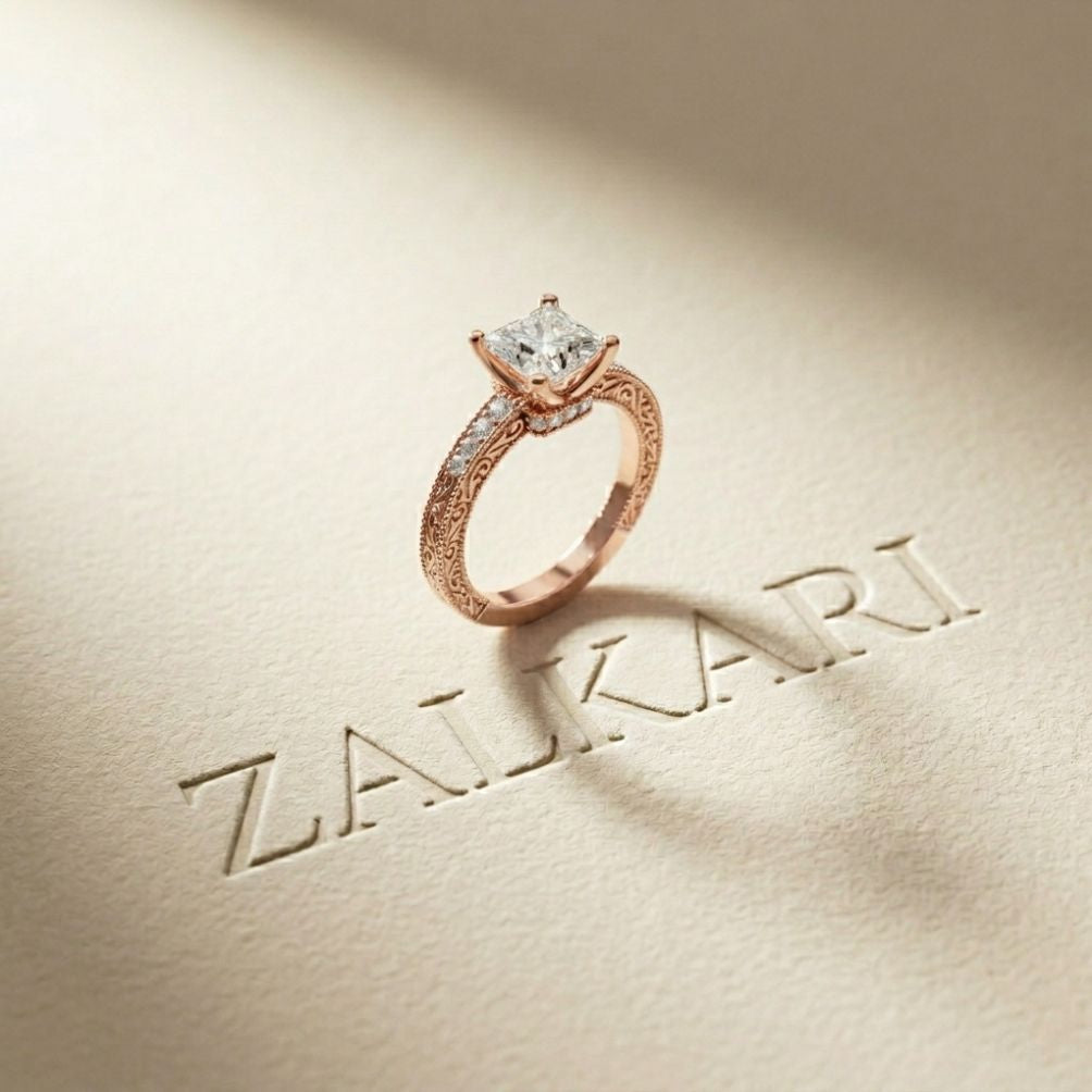2.35 Ct Princess Cut Moissanite Antique Detail Ring Rose Gold