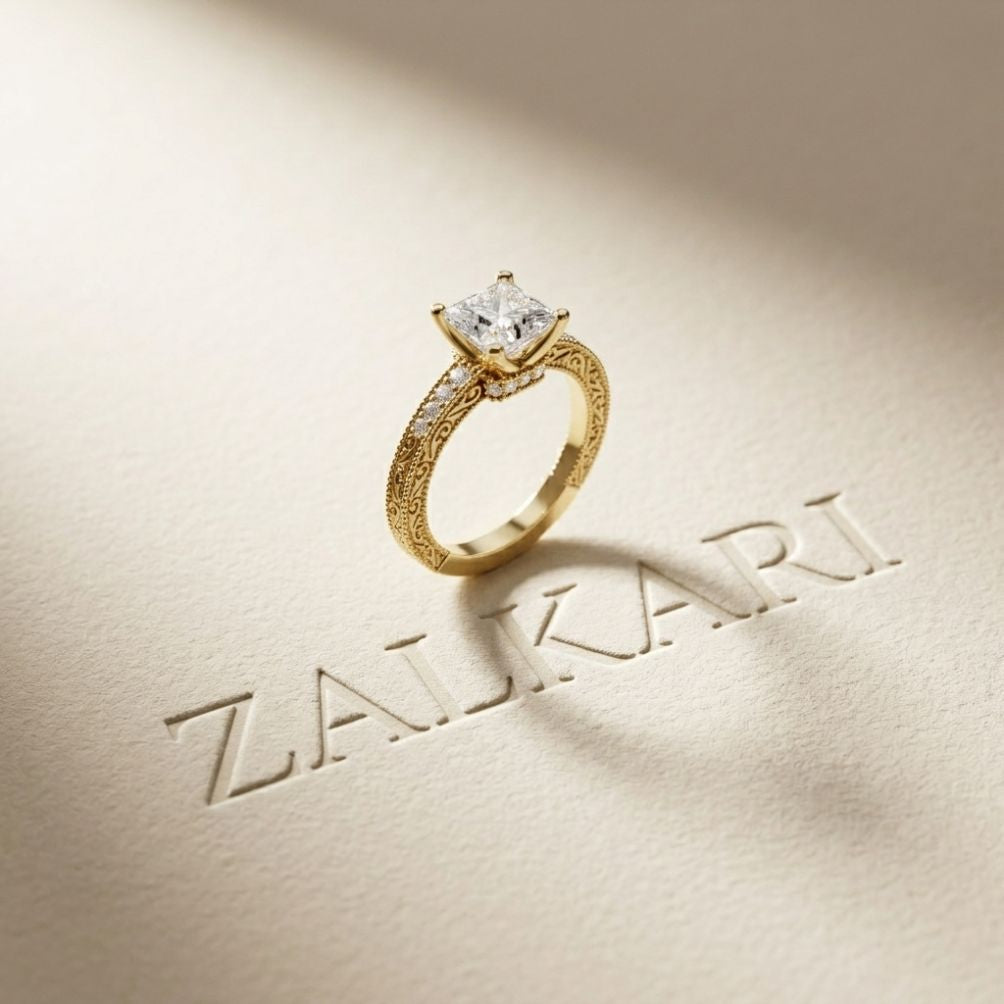 2.35 Ct Princess Cut Moissanite Antique Detail Ring Gold