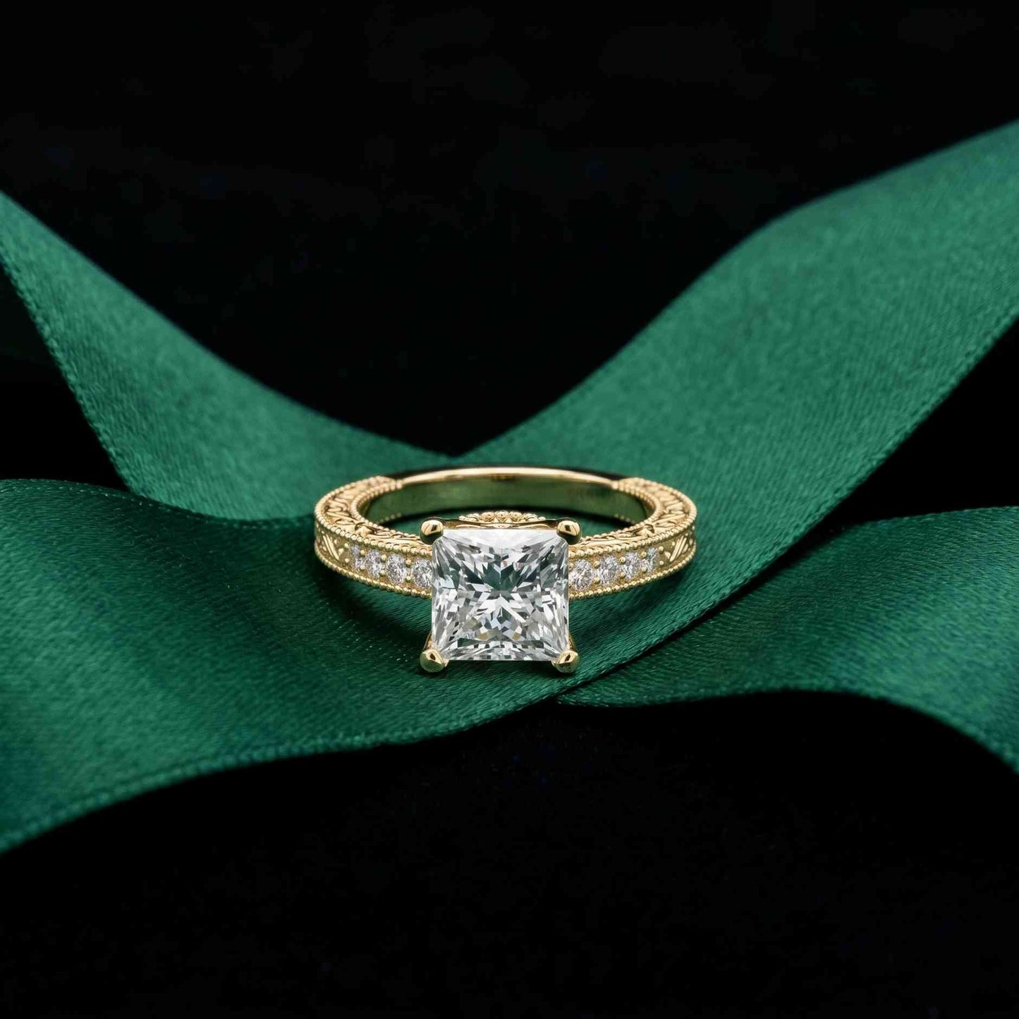 2.35 Ct Princess Cut Moissanite Antique Detail Ring Gold