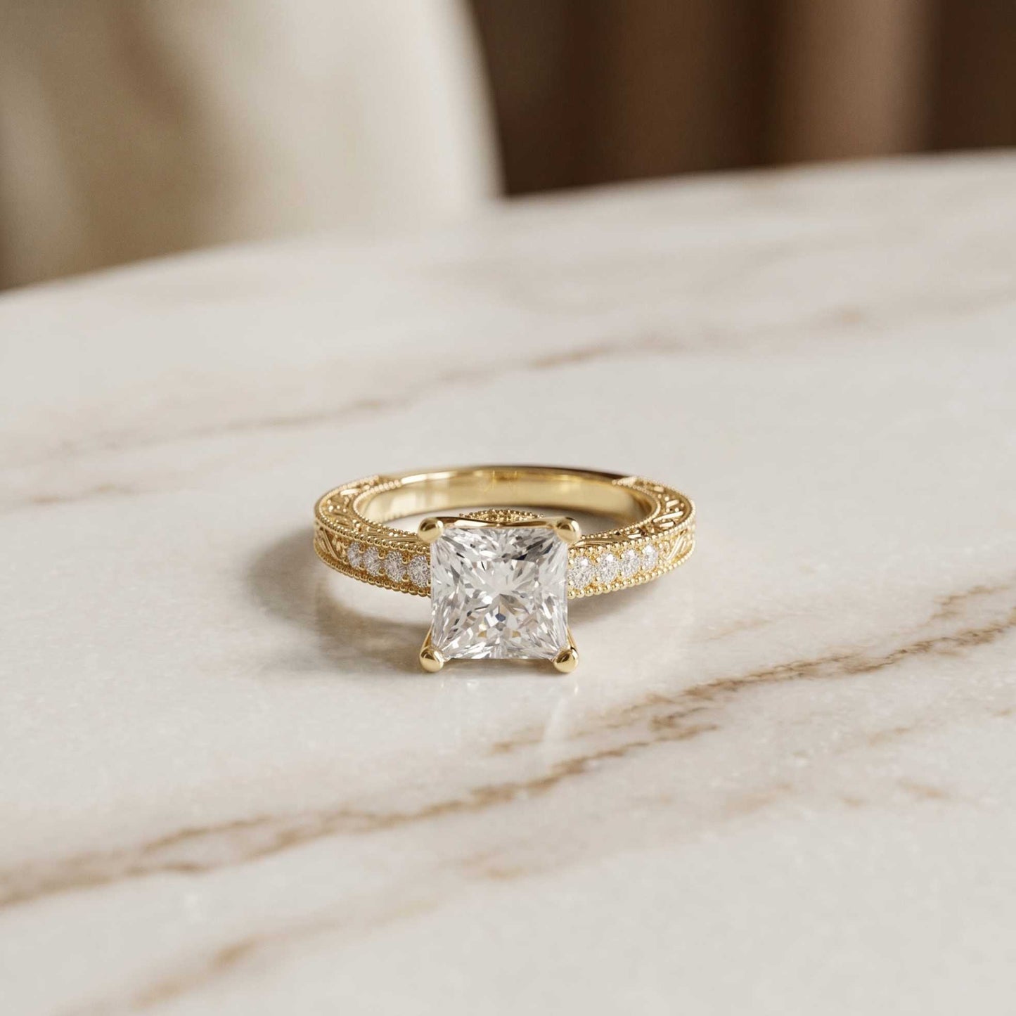 2.35 Ct Princess Cut Moissanite Antique Detail Ring Gold