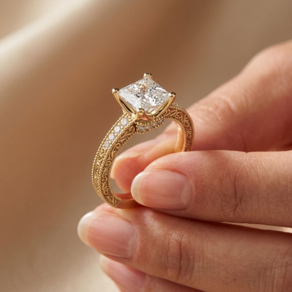 2.35 Ct Princess Cut Moissanite Antique Detail Ring Gold