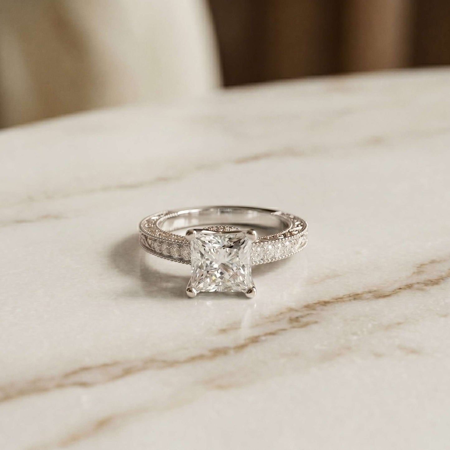2.35 Ct Princess Cut Moissanite Antique Detail Ring White
